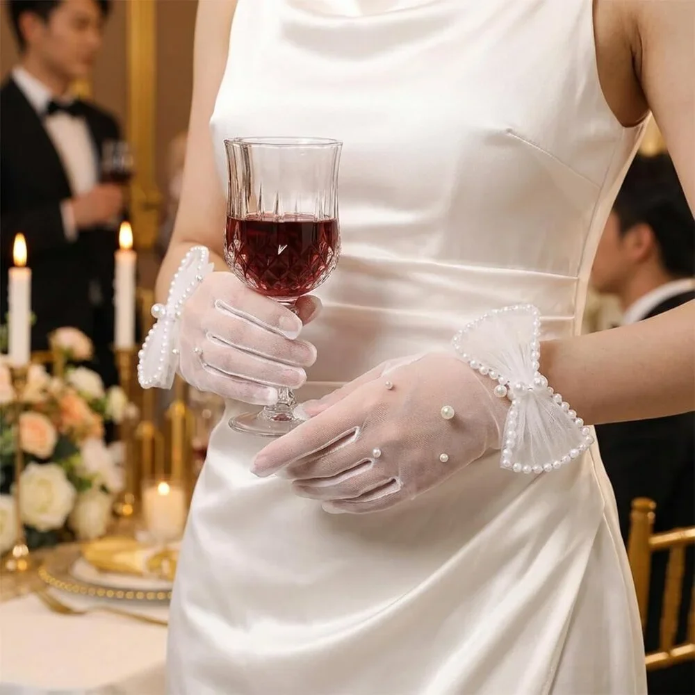Women's Tulle Mesh Short Pearl Bow White Gloves Wedding Party Tea Accessories